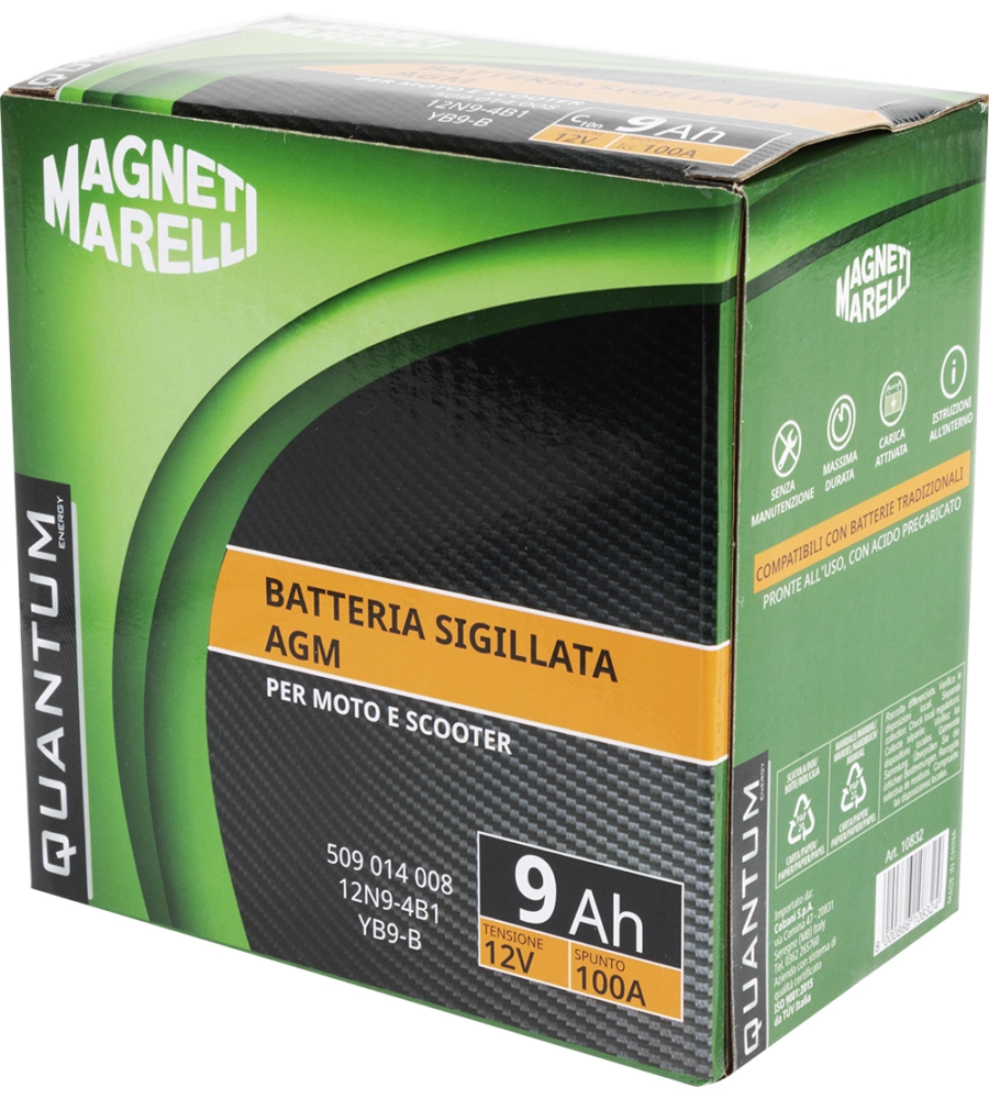 MAGNETI MARELLI BATTERIA MOTO E SCOOTER 9AH 12V 100A TECNOLOGIA AGM SIGILLATA POLO POSITIVO SINISTRO